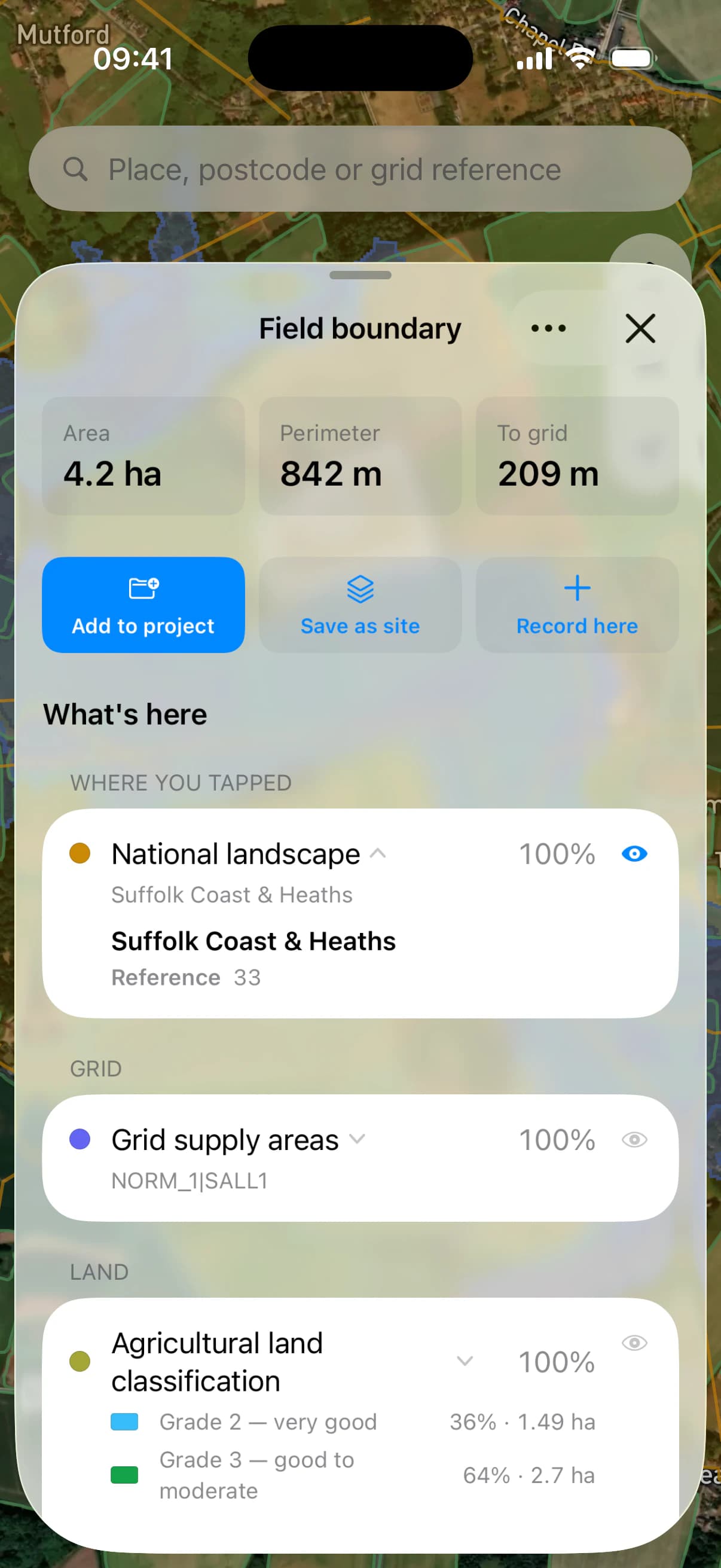 What applies to a selected field: its national landscape, its grid supply area and its agricultural land grades.