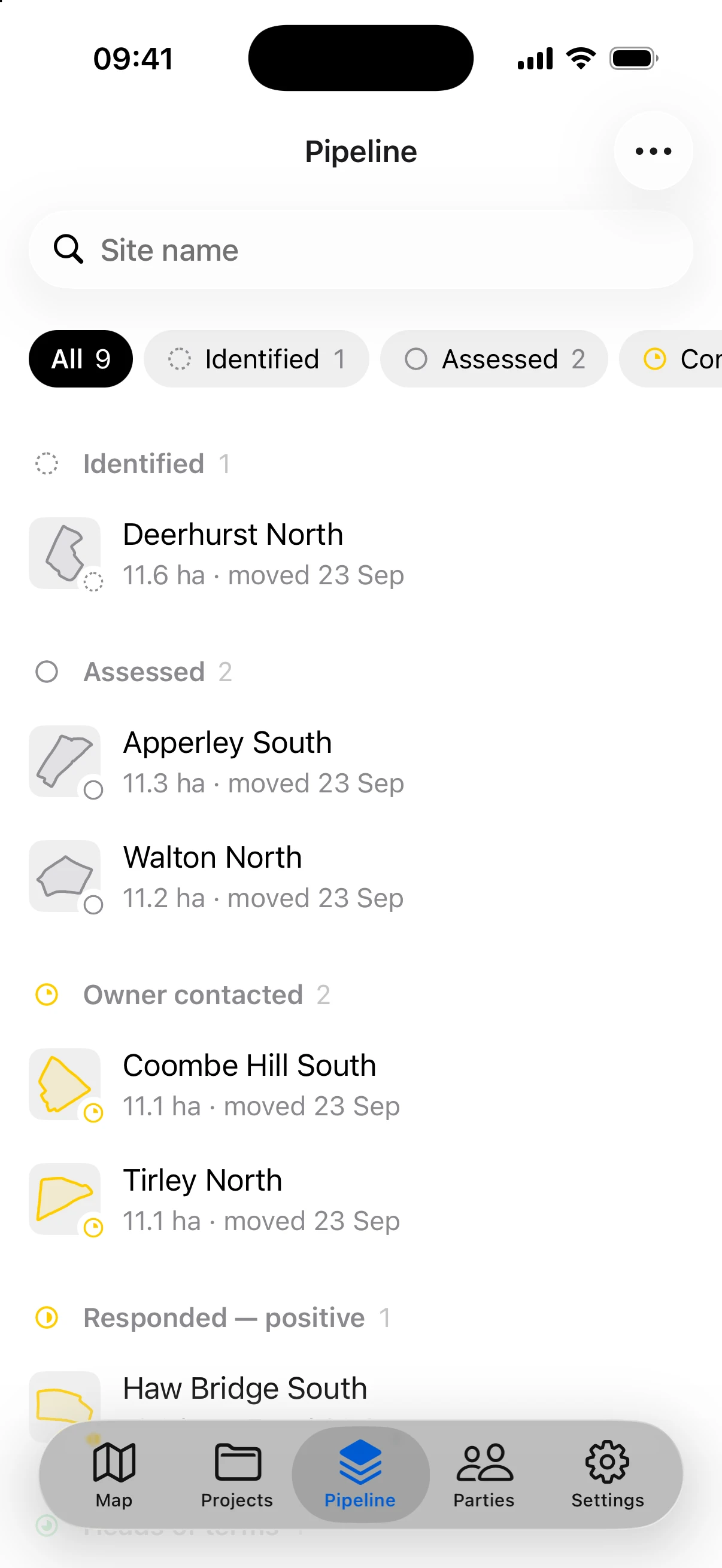 The site pipeline on iPhone, with sites grouped by stage from identified to owner contacted.