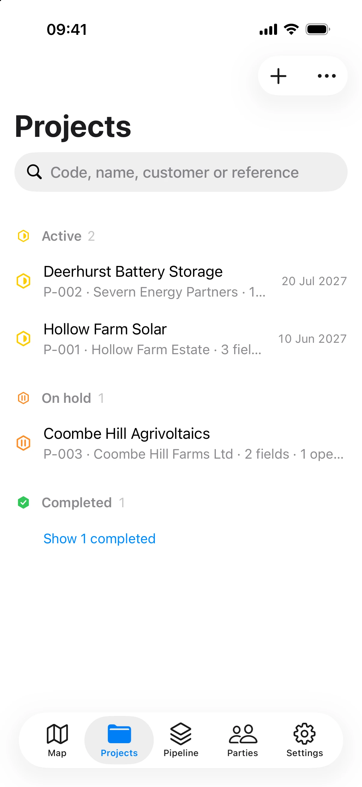 Projects on iPhone, grouped by status: two active, one on hold and one completed.