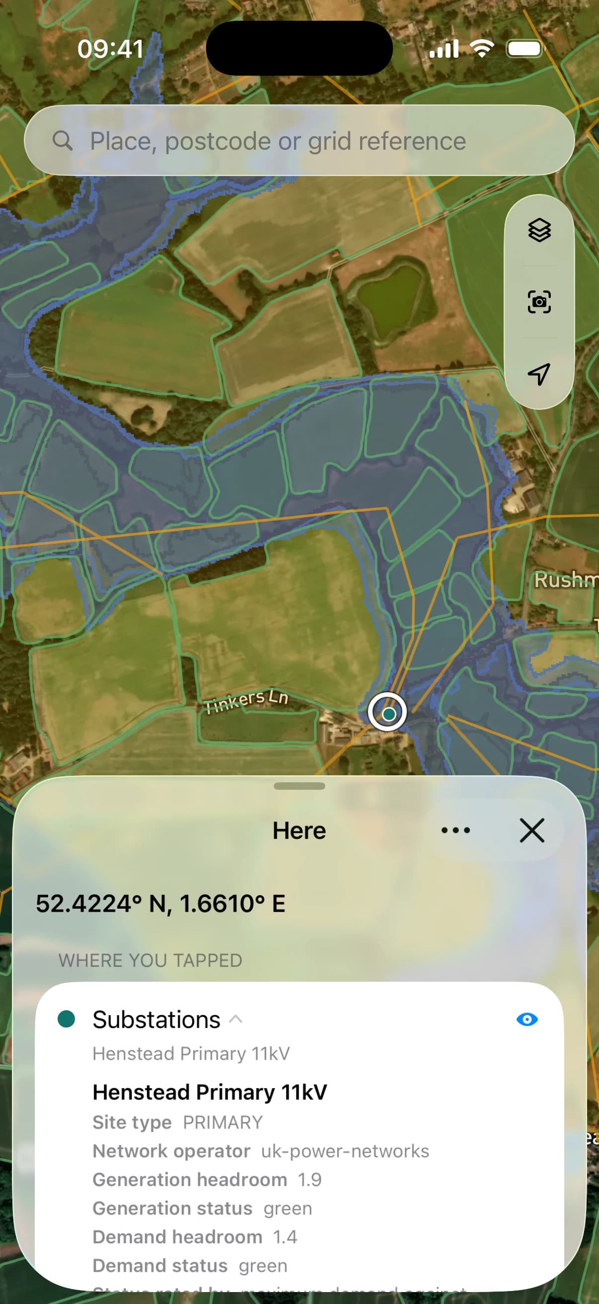 A primary substation tapped on iPhone, with the generation and demand headroom its operator publishes.