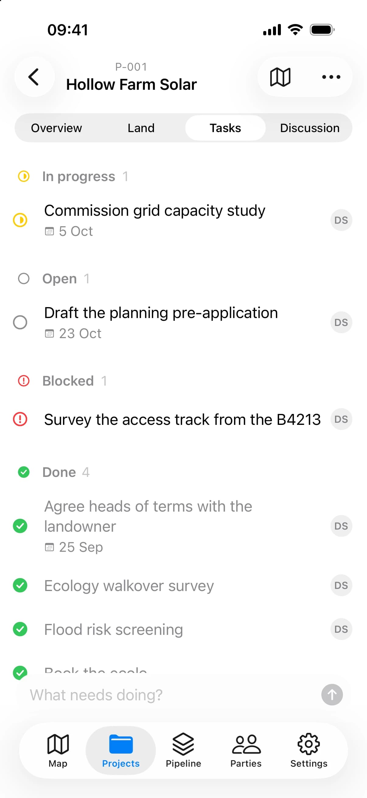 A project's tasks on iPhone, grouped as in progress, open, blocked and done, each with its due date and owner.