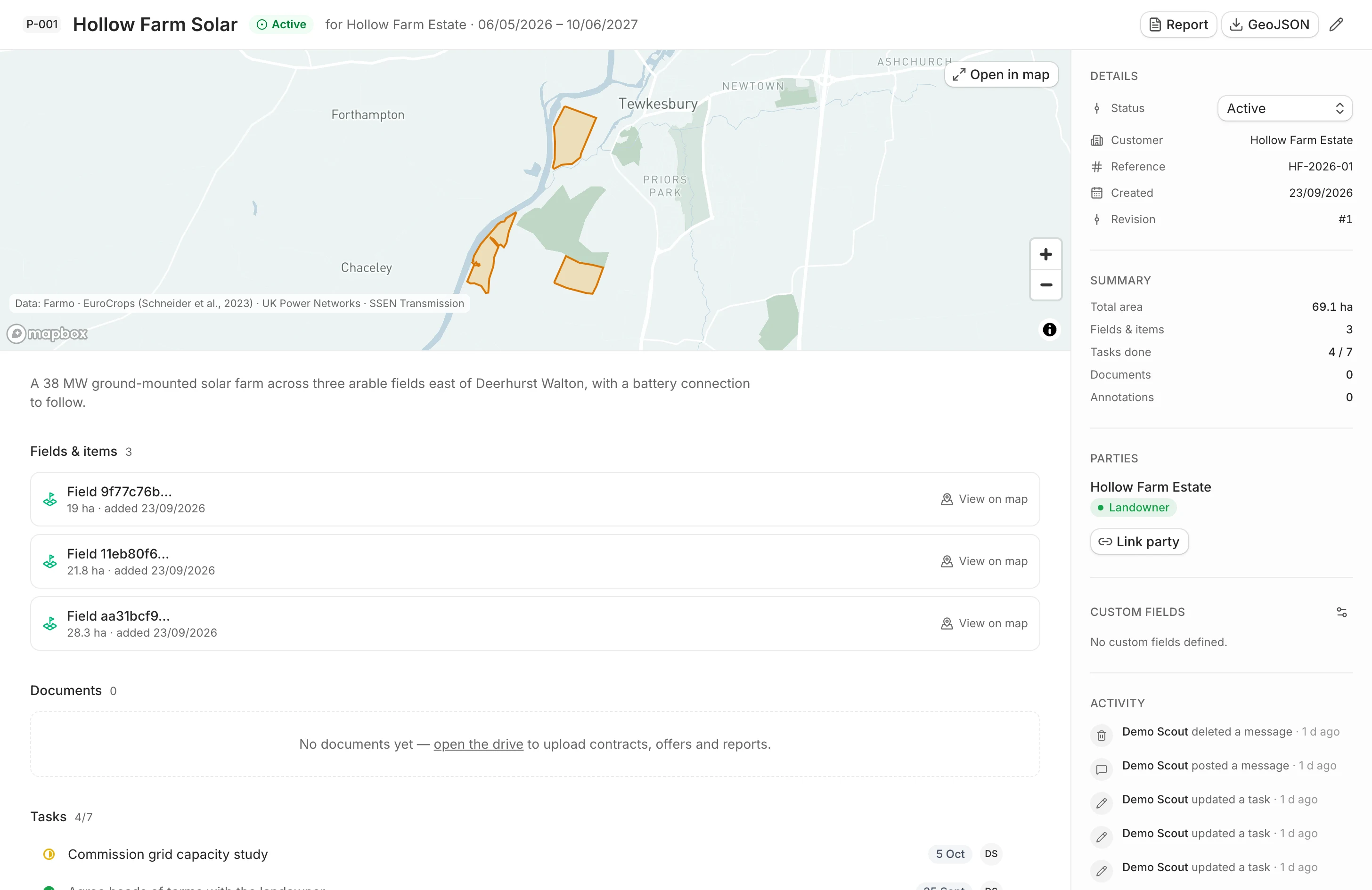 A project in the browser: its fields on a map, its description, fields and tasks, and its details, parties and activity.